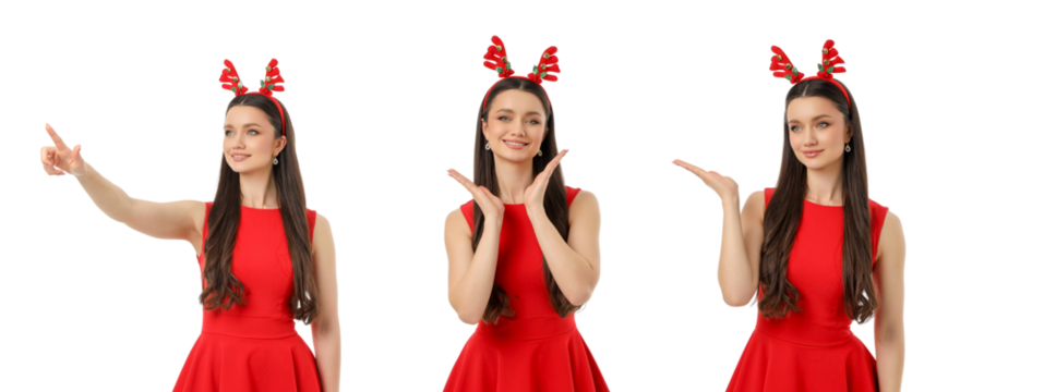 Young woman in red dress poses with festive antlers, isolated, PNG