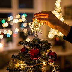 A person's hand carefully places a glowing star topper on a festive Christmas tree with bokeh lights in the background.