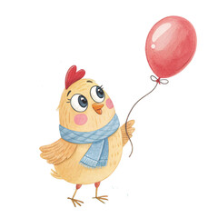 Watercolor Cute chicken wearing a scarf