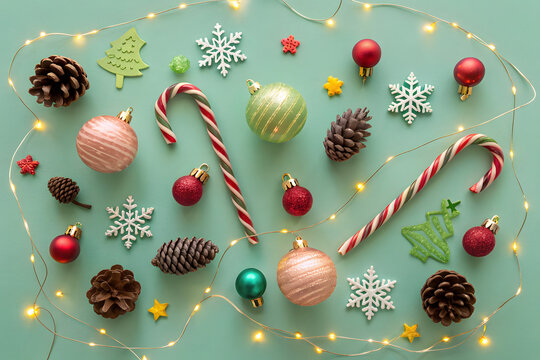 Flat lay of Christmas decorations ornaments, candy canes, pine cones, and fairy lights on vibrant green background
