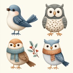 Fototapeta premium Four Adorable Watercolor Birds and Owls Wearing Scarves on a Creamy Background With Winter Berries