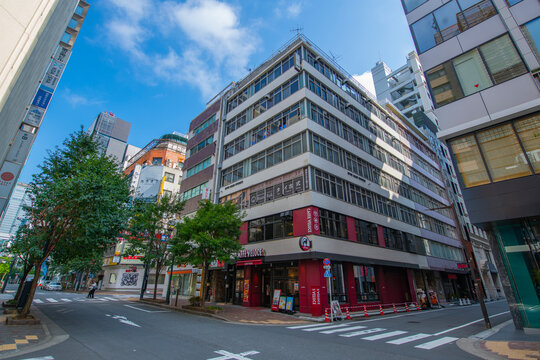 Modern commercial building on Miyuki dori Street near Ginza Five in district of Chuo, Tokyo, Japan. 
