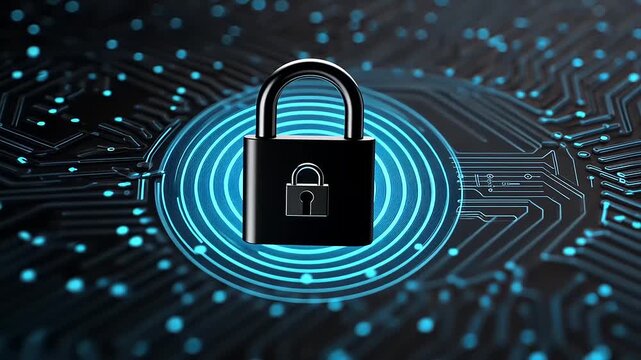 Digital lock symbolizing cybersecurity on a tech-inspired background with glowing circuit patterns