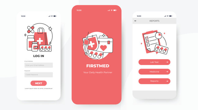 Pink Design Mobile Medical Login App UI with Character Illustration - Powered by Adobe