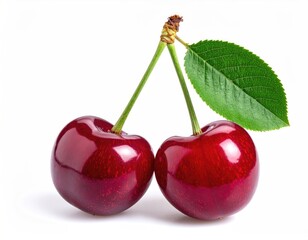 Two red cherries linked by stem and leaf, glossy