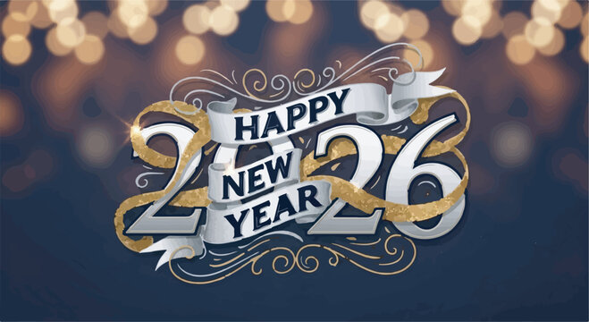 Happy New Year 2026 luxury greeting card design with festive silver and gold typography