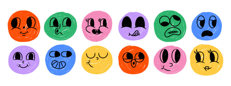 Cartoon emoji faces in crayon doodle style. Hand drawn emoticon icons with various expressions.