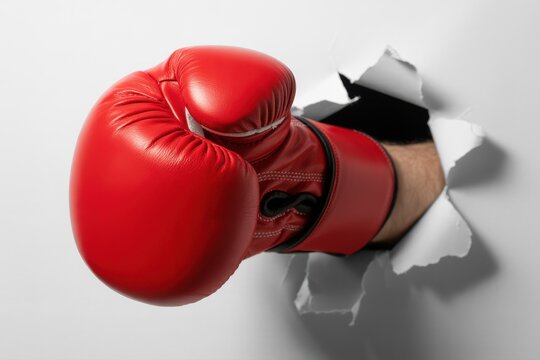 Red boxing glove punch through white wall strength power sport fight knockout victory champion success