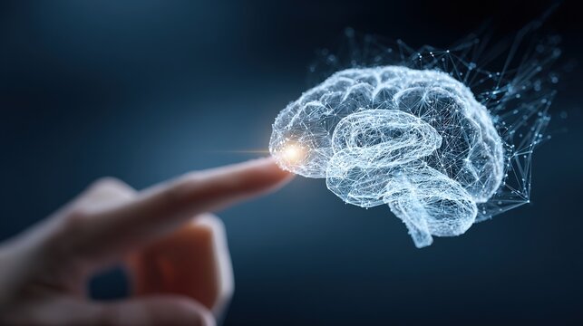 Human hand touching glowing digital wireframe brain representing artificial intelligence technology. - Powered by Adobe