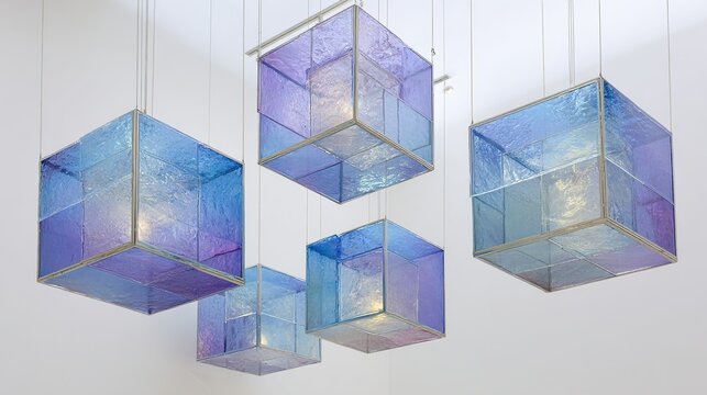 Hanging iridescent cube shaped glass lamps casting blue and violet light in a modern room. - Powered by Adobe