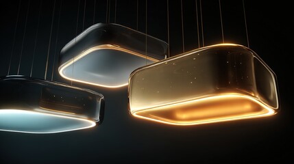 Modern rectangular glass pendant lamps hanging in a row showing contemporary lighting design.