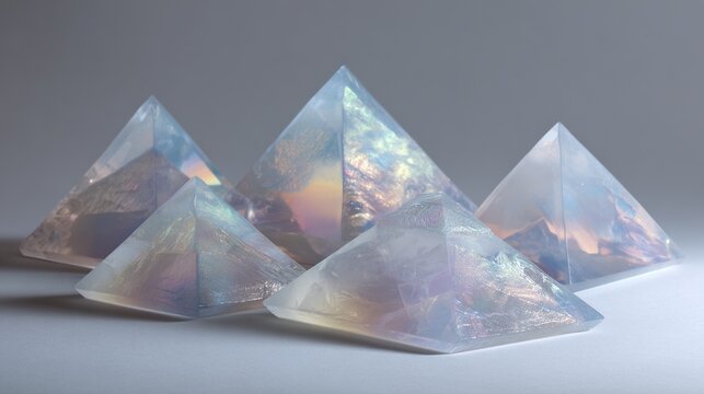Five iridescent opalite crystal pyramids reflecting light and shimmering with holographic colors.