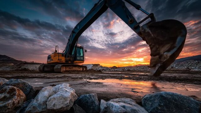Powerful heavy equipment excavator at a rugged industrial site under a dramatic colorful sunset sky, machinery working at golden hour