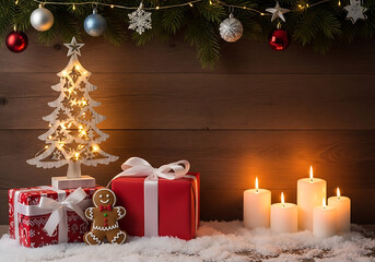 Warm, rustic Christmas scene featuring a glowing wooden tree, lit candles, and gift boxes on a snowy surface