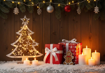 Warm, rustic Christmas scene featuring a glowing wooden tree, lit candles, and gift boxes on a snowy surface