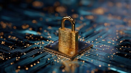 Cybersecurity concept: glowing gold padlock securing a cpu on an illuminated circuit board