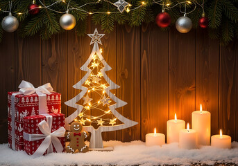 Warm, rustic Christmas scene featuring a glowing wooden tree, lit candles, and gift boxes on a snowy surface