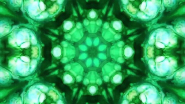 Hypnotic green and blue liquid ink kaleidoscope pattern creating an abstract mesmerizing and vibrant visual effect perfect for backgrounds motion graphics and artistic projects.