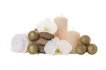 New Year spa setup: candles, towels, stones, on white, PNG