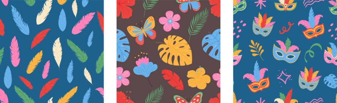 Brazilian carnival seamless pattern collection. Masquerade masks, feathers, exotic flowers and leaves.