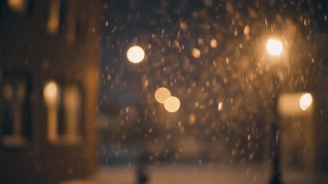 Snowflakes gently glide past the camera in a shallow focus