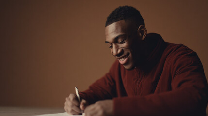 capture heartwarming moment of individual deeply engaged in writing christmas greeting on card