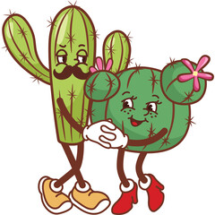 Couple Cartoon Cacti Dancing With Moustaches And Flowers On Transparent Background