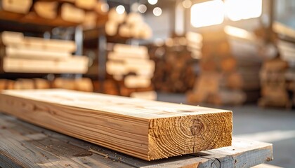 Closeup of a wooden beam with saw marks with in a lumberyard with logs.