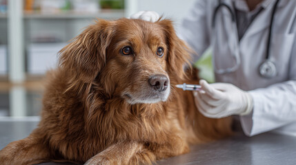 Fototapeta premium Veterinarian giving a vaccination to a calm dog in a clean clinic. Professional pet healthcare concept showing animal care, trust, safety, and routine medical treatment.