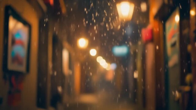 Falling snow illuminated by warm streetlights, creating a dreamy atmosphere