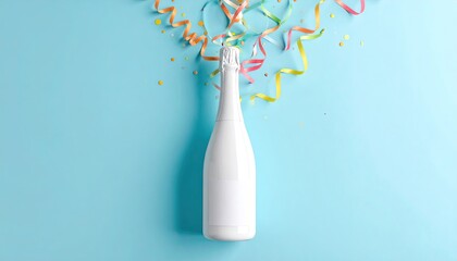 White bottle, streamers, confetti on pastel blue background