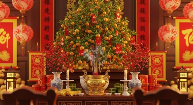 Vietnam Tet Altar, kumquat tree and red envelope decorations near incense burner