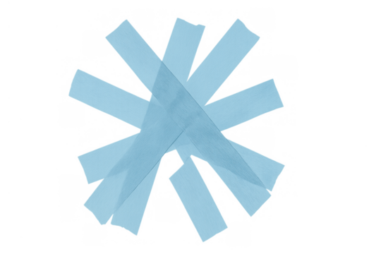 Light blue adhesive tape pieces crisscrossing, forming a handmade star or asterisk shape for repair concept on transparent background