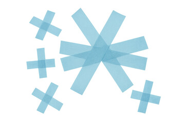 Blue translucent adhesive tape arranged into multiple plus signs and a central asterisk or starburst shape. Transparent background