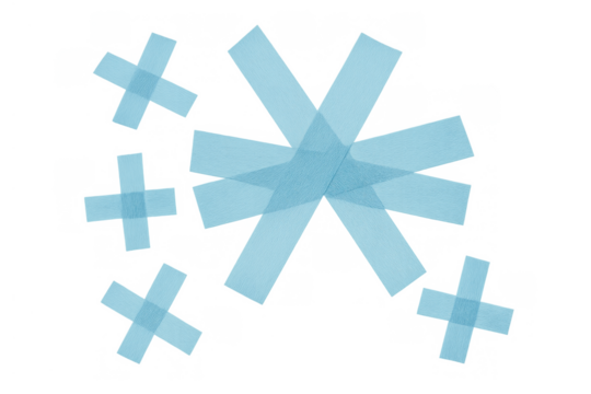 Blue translucent adhesive tape arranged into multiple plus signs and a central asterisk or starburst shape. Transparent background