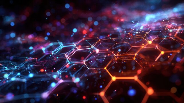 A detailed, colorful network of connected hexagons with particles floating in the background
