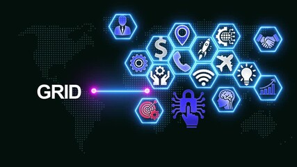 Digital world map with GRID text and glowing hexagons representing global connectivity and data networks - Powered by Adobe