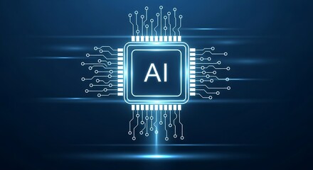 Artificial Intelligence Conceptual Illustration with Glowing Circuitry on Dark Blue Background