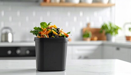 Compost Bin Full of Food Scraps on Kitchen Counter with Blurred Background.