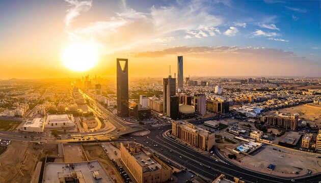 Riyadh skyline glows under a bright, sunny sky