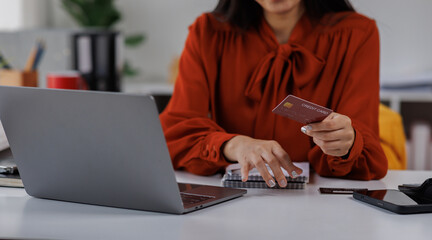 Credit card, laptop and hands of person in home for online shopping, internet purchase and student payment. Ecommerce, fintech and girl on computer for application fee, scholarship or college funding
