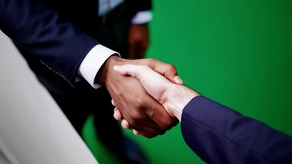 Two businessmen slowly shaking hands in professional suits. African American and caucasian men forming business agreement. Partnership gesture captured in slow motion video sequence on green screen - Powered by Adobe