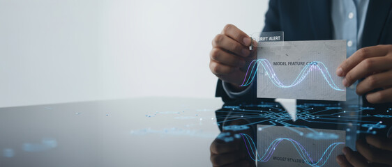 Data foundation quality. ai transformation business insight card shows model feature curve and drift alert signaling intelligent analytics