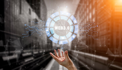 The Web 3.0 technology ecosystem and its digital applications. An interface showcasing the various components of the next generation internet. Motif