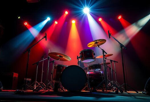 Dynamic rock drum kit bathed in vibrant stage lighting, drums, live music