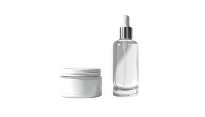 Realistic transparent isolated mockup of cosmetic bottle and cream jar, elegant minim