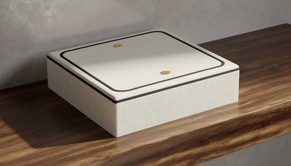 Elegant Textured Beige Product Box Mockup with Minimalist Design on Rustic Wooden Shelf for Premium Branding Presentation and Showcase