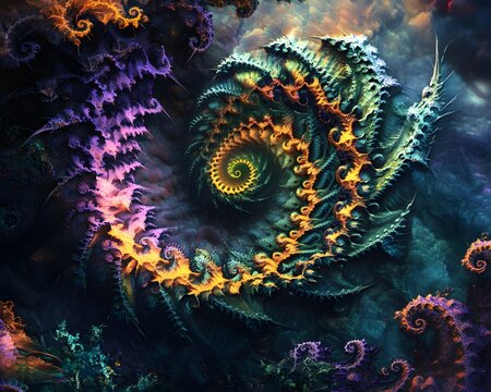 Artistic, dark, and vibrant fractal interpretation of the Fibonacci spiral/Golden Ratio, featuring textured organic forms in orange, purple, and teal. - Powered by Adobe