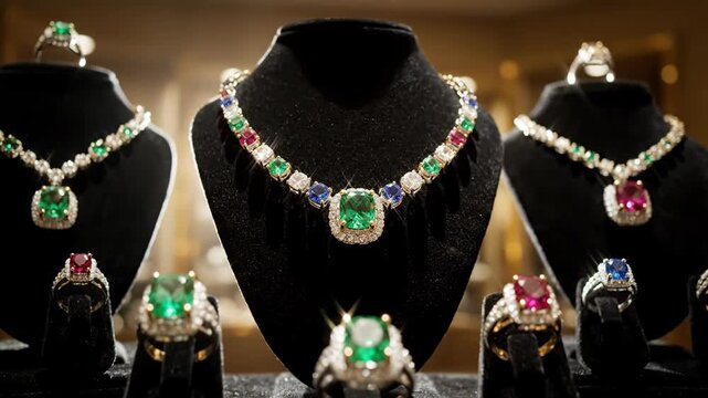 Elegant necklaces and rings with gemstones on black displays