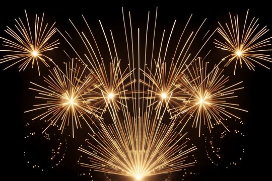 Golden fireworks burst in synchronized display against dark night sky, creating radiant, elegant patterns of light and celebration.